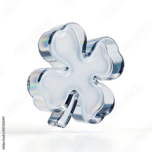 Transparent Frosted Four Leaf Clover Icon, White and Ice Blue Liquid Glass 3D Render