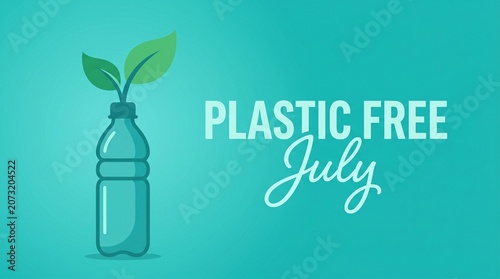 Plastic free july campaign with green bottle and leafy sprout on teal background