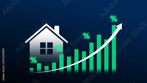 Tableau sur toile A house icon beside a rising bar chart and upward arrow, showing growth in home value and property investment