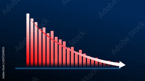 Quadro su tela Red bar chart falling from left to right with a white downward arrow on a dark blue background, showing decline and loss in business or finance