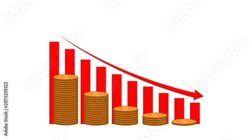Quadro su tela Red declining bar chart with stacked coins and a downward arrow, showing falling