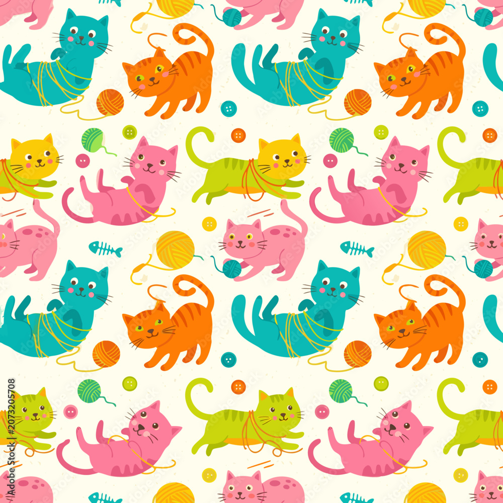 Fototapeta premium Charming seamless pattern featuring cute cartoon cats playing with colorful yarn balls in pastel shades.
