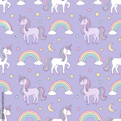 Magical seamless pattern featuring cute unicorns, colorful rainbows, and sparkling stars on a soft purple background.