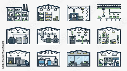 Tableau sur toile Creative Illustrated Warehouse and Industrial Facility Layouts Showcasing Divers