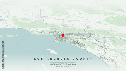 Modern minimalist vector map of Los Angeles County, California, USA. High-quality scalable illustration of Greater Los Angeles grid, Santa Monica waterfront for posters design.