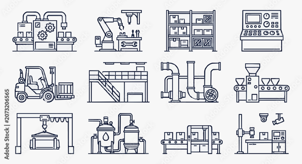 Fototapeta premium Dynamic Black and White Line Art Illustrations of Various Industrial Machinery and Factory Equipment