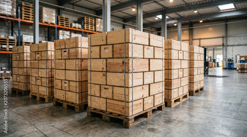 Stacked Wooden Wine Crates on Pallets Inside Large Industrial Warehouse Facility