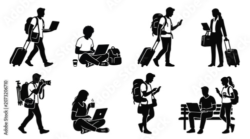 Schilderij op canvas Digital Nomad Silhouette Set: Travelers with Laptops, Smartphones, and Luggage,