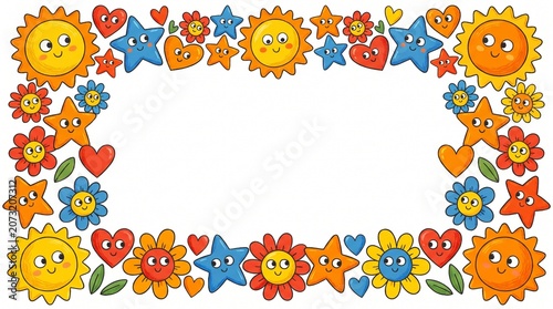 Bright, cheerful border of smiling suns, stars, hearts, and flowers forming a playful frame around a blank center ideal for kids’ art or cards.