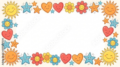 A bright, cheerful border of cartoon-style drawings forming a frame around a blank white center. Smiling suns, stars, hearts, and flowers are arranged symmetrically along the edges.