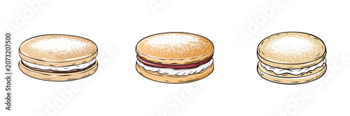 Set of three round sweet pastry cookies with cream and jam fillings
