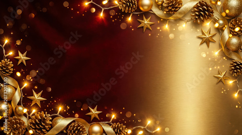Luxury red and gold Christmas background with glowing fairy lights, gold baubles, stars, pinecones, and ribbons. Elegant holiday frame with empty copy space.
