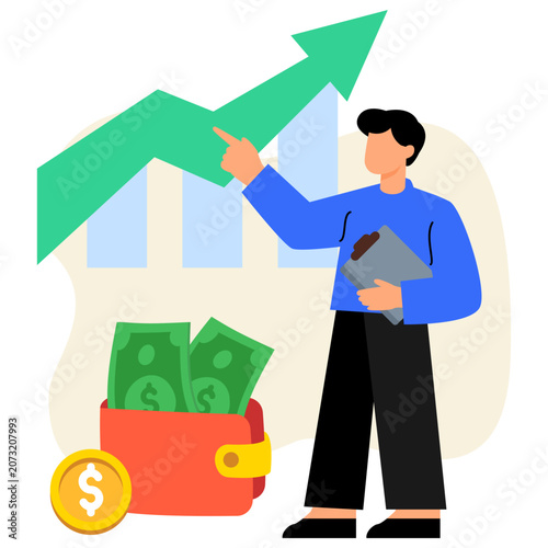 Personal finance management flat illustration with investor analyzing financial growth and savings