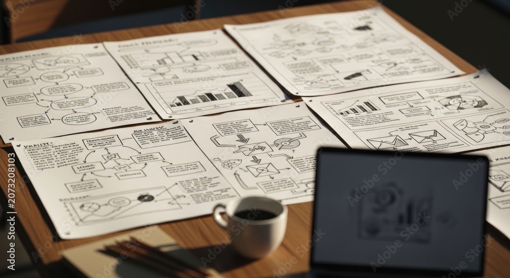 Obraz premium Overhead view of a table with business documents charts and a laptop.