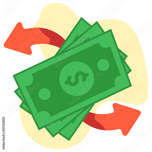 Cash flow flat illustration with banknotes and circulation arrows representing business finance