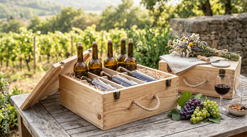 Rustic Wooden Wine Crate with Glass Bottles on Vineyard Table