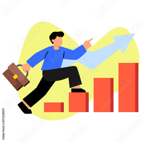 Wealth growth flat illustration with business person climbing rising financial chart for investment success