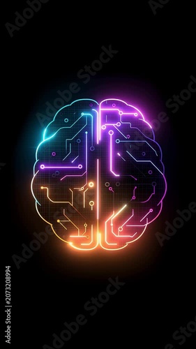 AI Digital Circuit Brain Vertical Loop with Neon Glowing Colorful Lights 