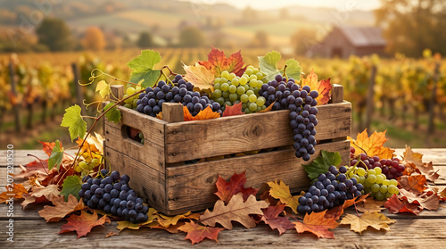 Rustic Wooden Crate Filled with Fresh Grapes and Autumn Leaves in a Vineyard Setting