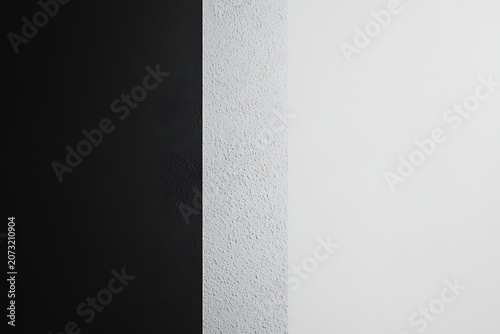 Abstract composition of three vertical panels in black, textured grey, and white