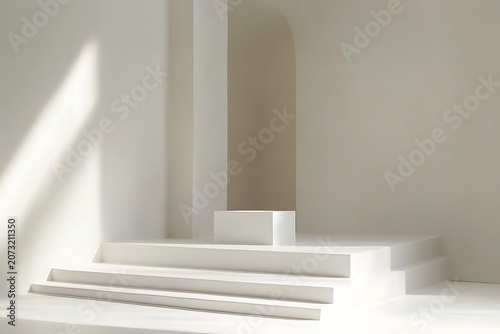 Minimalist white podium with arch background for product display