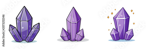 Collection of vibrant purple crystals with sparkling accents and shaded details