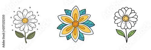 Set of hand-drawn floral illustrations featuring daisies and abstract blossoms with colorful petals and leaves