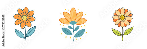 Set of hand drawn floral illustrations with orange and yellow blossoms and blue green leaves