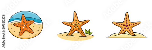 Set of charming cartoon starfish illustrations on sandy beach settings