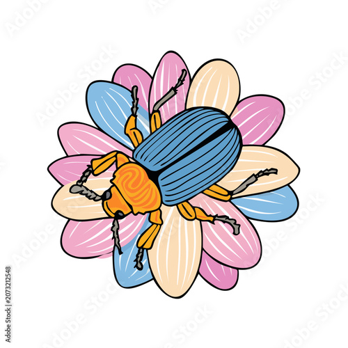 Illustration of a blue beetle on a colorful flower