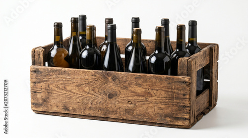 Rustic Wooden Wine Crate Filled with Unlabeled Glass Bottles on White Background