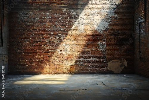 Empty industrial warehouse interior with weathered brick wall and sunlight