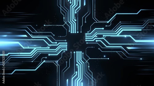 Futuristic blue glowing digital circuit board with abstract technology connections and data flow