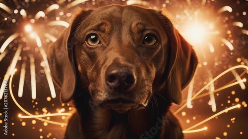 Close up of a brown dog with sad eyes surrounded by bright fireworks at night