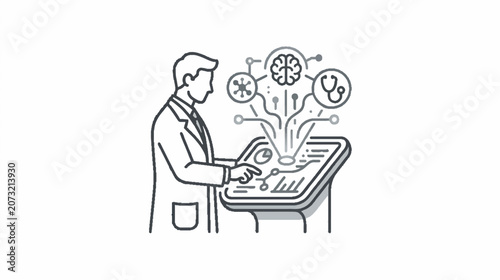 Medical professional interacting with futuristic digital healthcare interface for diagnosis and research using advanced artificial intelligence technology