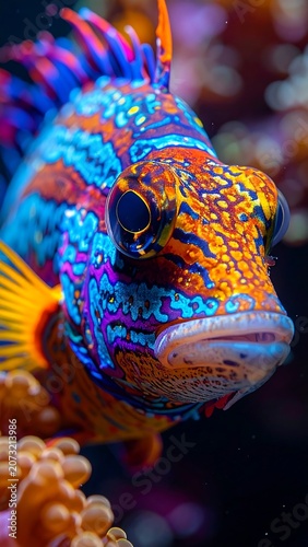 Vibrant colorful fish close-up underwater.