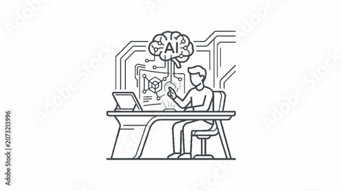 Man working at a desk with a tablet and a brain icon representing artificial intelligence and automation concepts