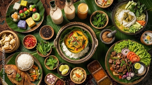 Authentic cambodian cuisine colorful feast of asian cuisine with various ingredients and dishes on banana leaves