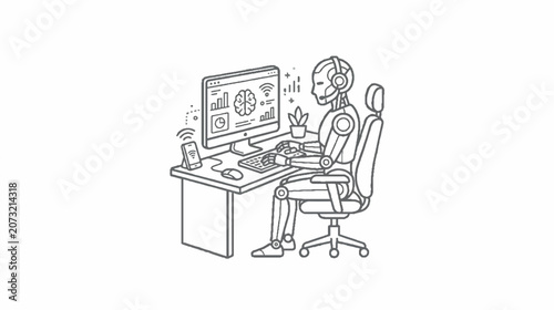 Artificial Intelligence Robot Partner Working at Computer Desk for Digital Automation and Advanced Technology Innovation Concept Line Art Illustration
