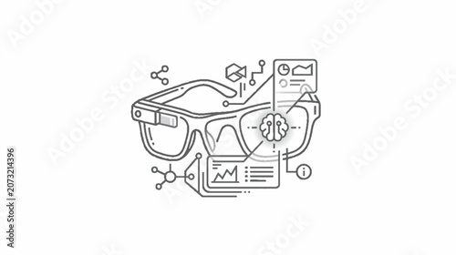Smart Augmented Reality Eyewear Featuring Integrated Artificial Intelligence Data Analytics and Digital Interface Overlay Linear Vector Icon