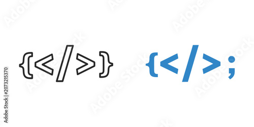 Photography Programming code tag set featuring outline and blue solid symbols for software d
