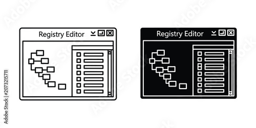 Windows registry editor software interface set featuring tree structure and data keys in outline and solid styles