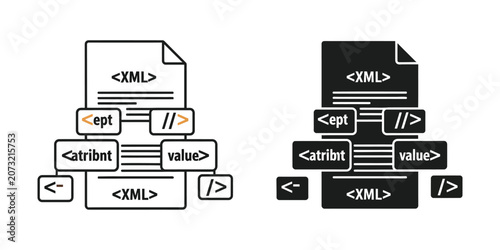 Xml document file set with coding syntax tags and attributes in outline and solid black style code