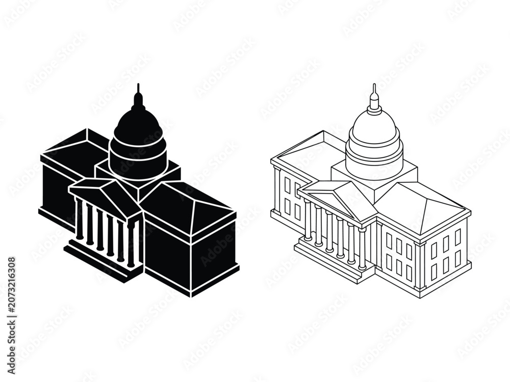 Fototapeta premium Isometric illustrations of government buildings with domes and columns