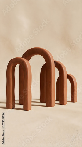 Abstract terracotta arch sculptures arranged in a row, minimalist modern home decor, earthy clay textured decorative objects on a neutral beige background uiux background
