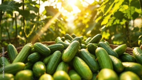 Abundant harvest of fresh cucumbers in sunlit garden