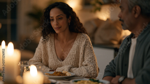 Candlelit Diwali dinner in a London flat where a British-Indian family debates whether mango pickle or chutney is more authentic, half-unpacked grocery bags on the counter,