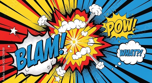 Vibrant comic book explosion with sound effects like Blam Pow and What speech bubbles