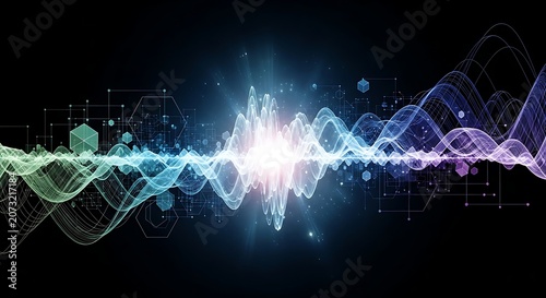 Vibrant Digital Wave with Glowing Core and Connected Geometric Forms Illustrates Data Flow