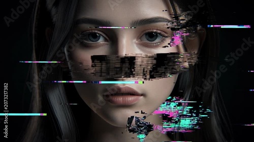 Close up portrait of young woman with glitch effect digital distortion futuristic technology art